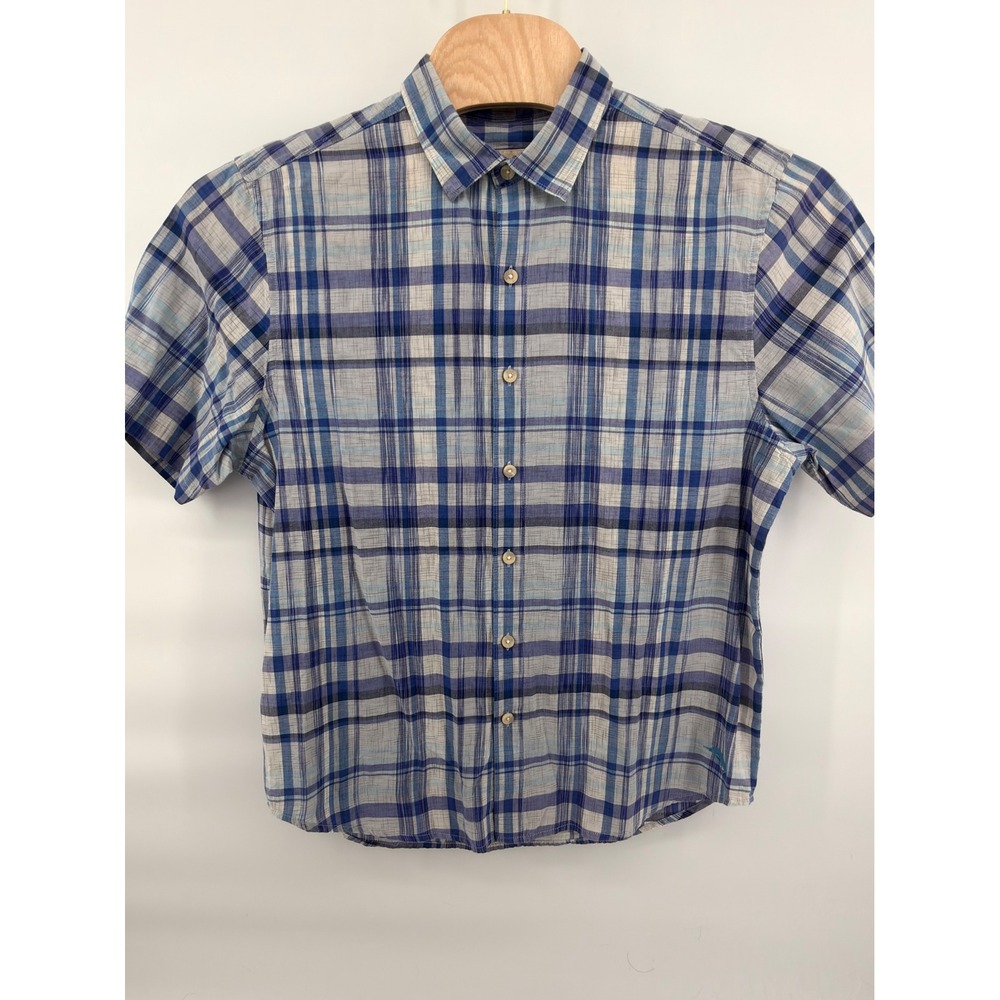 Tommy Bahama Men's Blue Plaid Short Sleeve‎ Shirt 100% Cotton Button Up Size L
